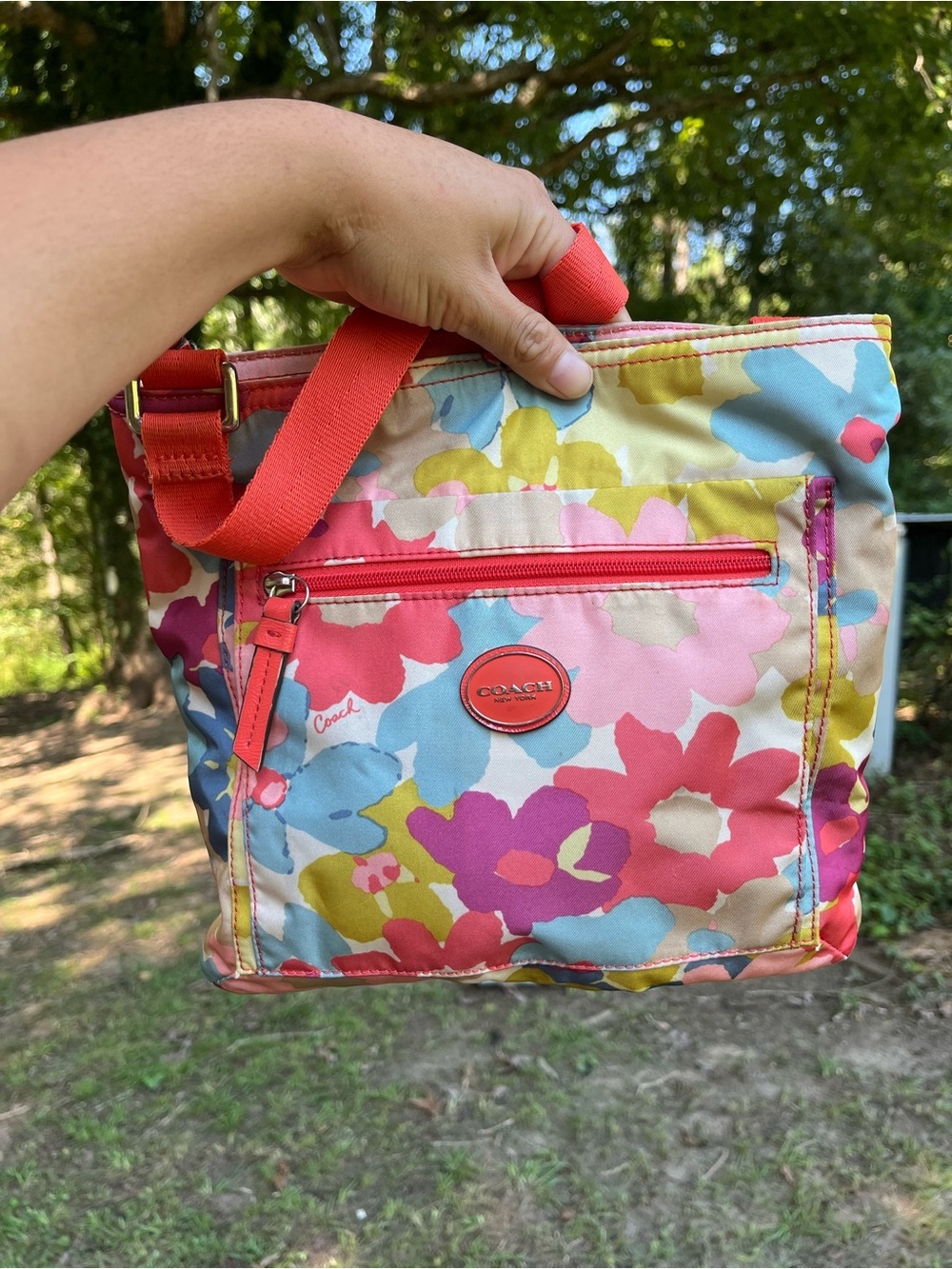 COACH Floral Print Shoulder Bag in Pink, Coral, Blue and Yellow
